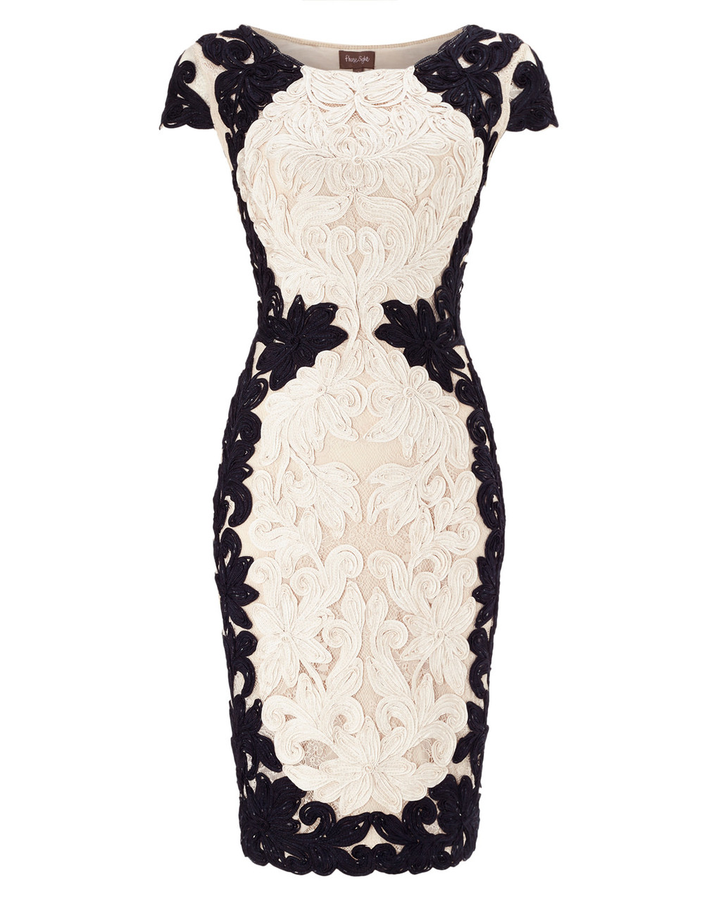 Cornelia Tapework Dress - style: shift; length: below the knee; neckline: round neck; sleeve style: capped; fit: tailored/fitted; pattern: plain; bust detail: added detail/embellishment at bust; predominant colour: blush; secondary colour: black; fibres: nylon - 100%; occasions: occasion; sleeve length: short sleeve; pattern type: fabric; texture group: other - light to midweight; embellishment: lace; season: a/w 2015