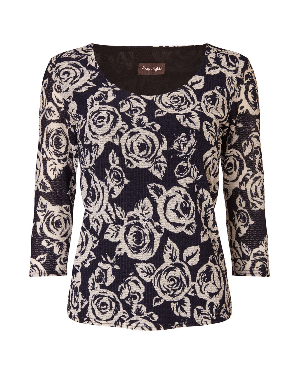 Rose Lace Top - secondary colour: blush; predominant colour: black; occasions: casual, creative work; length: standard; style: top; neckline: scoop; fibres: polyester/polyamide - 100%; fit: body skimming; sleeve length: 3/4 length; sleeve style: standard; texture group: lace; pattern type: fabric; pattern size: standard; pattern: patterned/print; season: a/w 2015