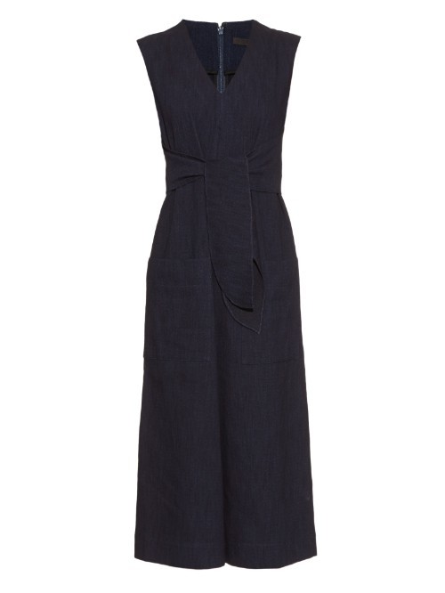 Tie Front Wide Leg Jumpsuit - neckline: low v-neck; fit: tailored/fitted; pattern: plain; sleeve style: sleeveless; waist detail: belted waist/tie at waist/drawstring; length: below the knee; predominant colour: black; fibres: cotton - 100%; sleeve length: sleeveless; texture group: denim; style: jumpsuit; pattern type: fabric; occasions: creative work; season: a/w 2015
