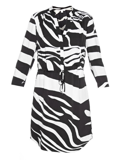 Freya Dress - style: shirt; length: mid thigh; waist detail: belted waist/tie at waist/drawstring; secondary colour: white; predominant colour: black; occasions: casual; fit: body skimming; neckline: collarstand; sleeve length: 3/4 length; sleeve style: standard; trends: monochrome; pattern type: fabric; pattern size: standard; pattern: animal print; texture group: other - light to midweight; fibres: silk - stretch; season: a/w 2015