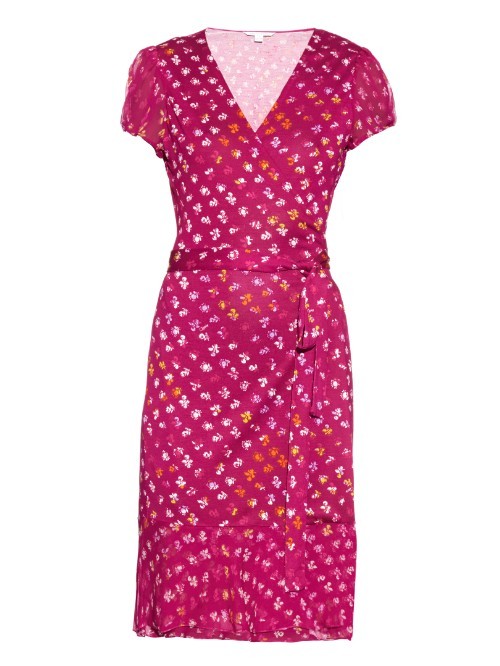 Layton Dress - style: faux wrap/wrap; length: below the knee; neckline: low v-neck; sleeve style: capped; waist detail: belted waist/tie at waist/drawstring; secondary colour: white; predominant colour: hot pink; fit: body skimming; fibres: silk - mix; sleeve length: short sleeve; pattern type: fabric; pattern size: standard; pattern: patterned/print; texture group: jersey - stretchy/drapey; occasions: creative work; season: a/w 2015