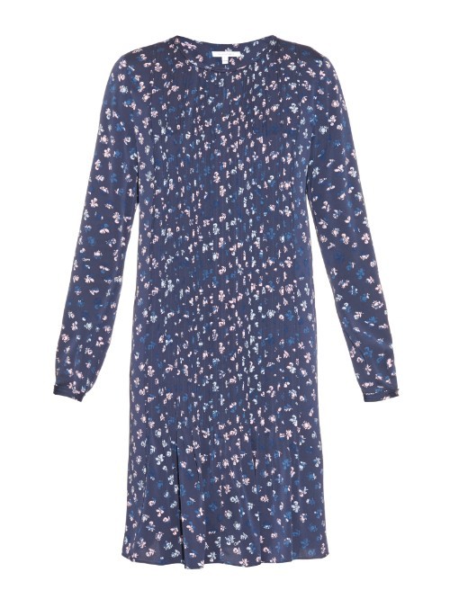 Meadow Dress - style: shift; bust detail: ruching/gathering/draping/layers/pintuck pleats at bust; predominant colour: denim; length: just above the knee; fit: body skimming; fibres: silk - mix; neckline: crew; sleeve length: long sleeve; sleeve style: standard; pattern type: fabric; pattern size: standard; pattern: patterned/print; texture group: other - light to midweight; occasions: creative work; season: a/w 2015