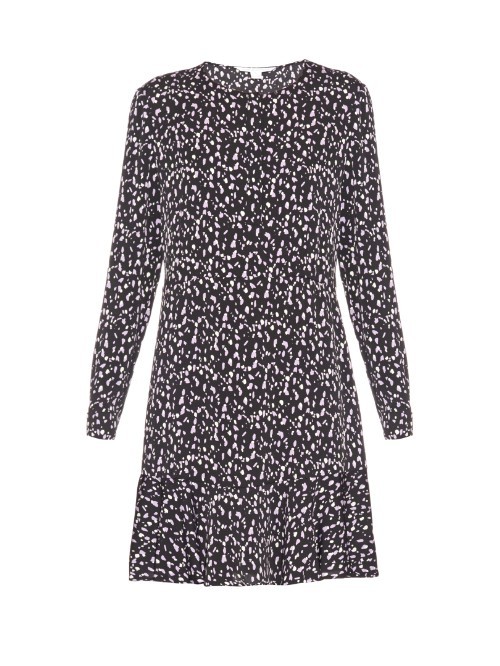 Leanne Dress - style: shift; length: mid thigh; secondary colour: blush; predominant colour: black; occasions: casual; fit: soft a-line; fibres: silk - mix; neckline: crew; sleeve length: long sleeve; sleeve style: standard; pattern type: fabric; pattern size: standard; pattern: patterned/print; texture group: other - light to midweight; season: a/w 2015