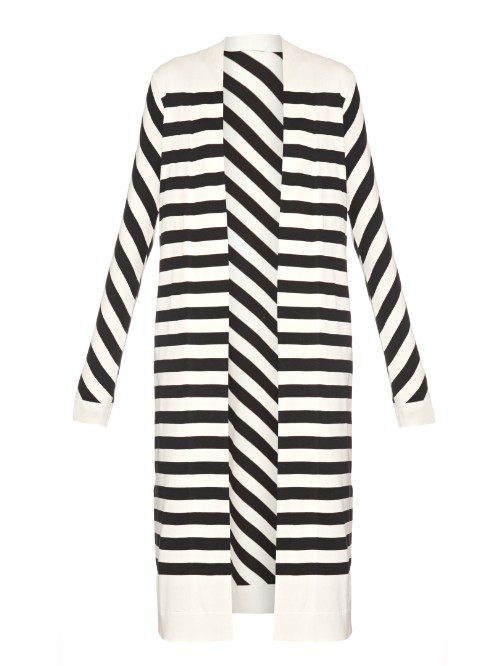 Carlisle Cardigan - pattern: horizontal stripes; neckline: collarless open; style: open front; secondary colour: white; predominant colour: black; occasions: casual, creative work; length: calf length; fibres: wool - mix; fit: standard fit; sleeve length: long sleeve; sleeve style: standard; trends: monochrome; texture group: knits/crochet; pattern type: knitted - fine stitch; pattern size: big & busy (top); season: a/w 2015