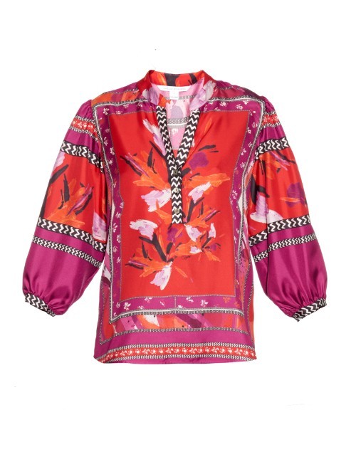 Chrystie Top - sleeve style: balloon; predominant colour: pink; secondary colour: hot pink; occasions: casual, creative work; length: standard; style: top; neckline: collarstand & mandarin with v-neck; fibres: silk - 100%; fit: body skimming; sleeve length: 3/4 length; texture group: silky - light; pattern type: fabric; pattern: florals; pattern size: big & busy (top); season: a/w 2015