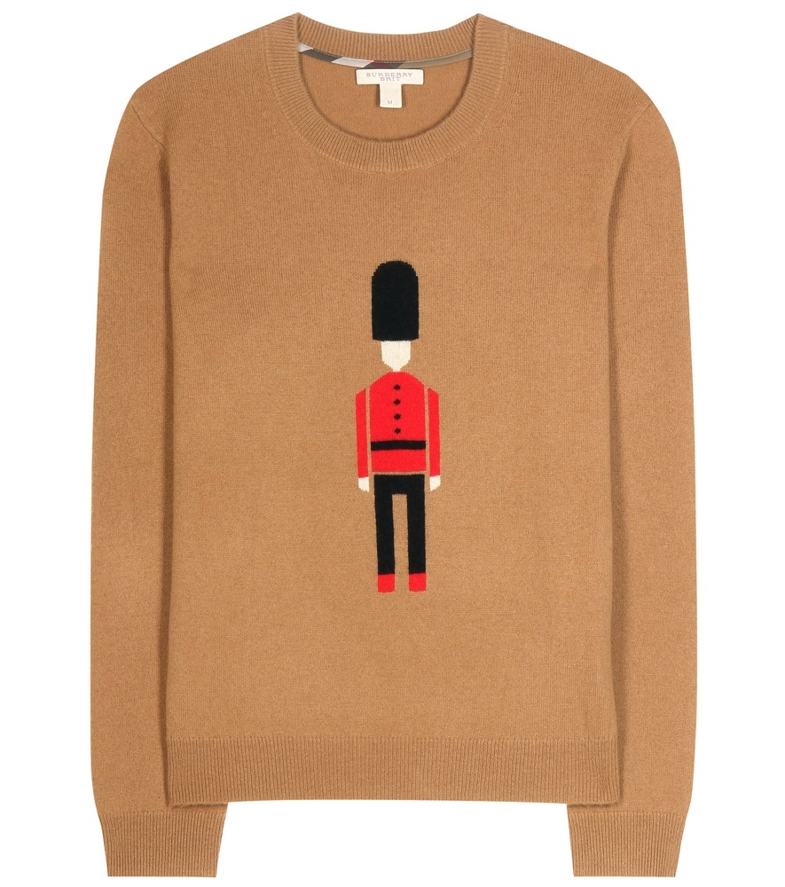 Wool And Cashmere Sweater - style: standard; secondary colour: true red; predominant colour: camel; occasions: casual; length: standard; fibres: wool - 100%; fit: standard fit; neckline: crew; sleeve length: long sleeve; sleeve style: standard; texture group: knits/crochet; pattern type: knitted - fine stitch; pattern size: standard; pattern: graphic/slogan; season: a/w 2015