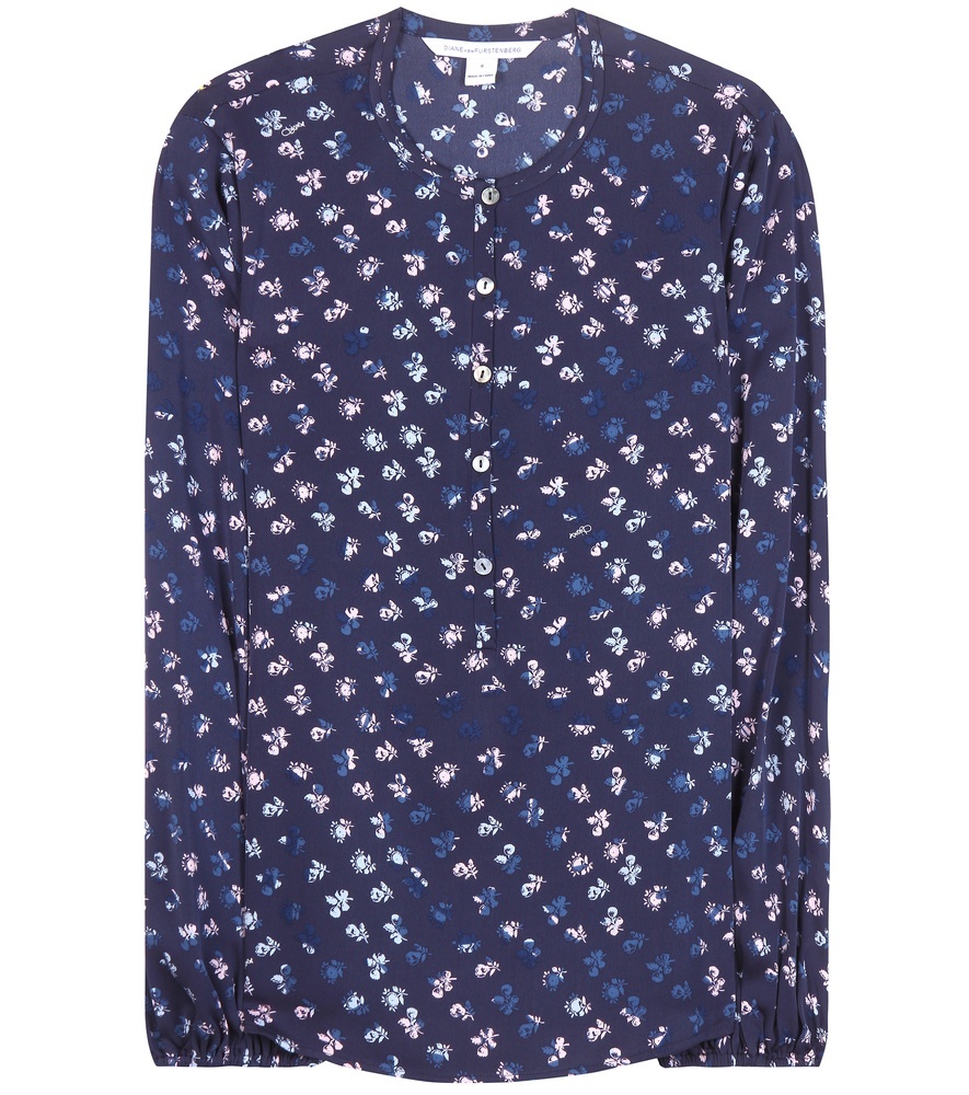 Neda Printed Silk Top - style: blouse; bust detail: buttons at bust (in middle at breastbone)/zip detail at bust; secondary colour: white; predominant colour: navy; occasions: casual, creative work; length: standard; fibres: silk - 100%; fit: straight cut; neckline: crew; sleeve length: long sleeve; sleeve style: standard; pattern type: fabric; pattern size: standard; pattern: florals; texture group: woven light midweight; season: a/w 2015