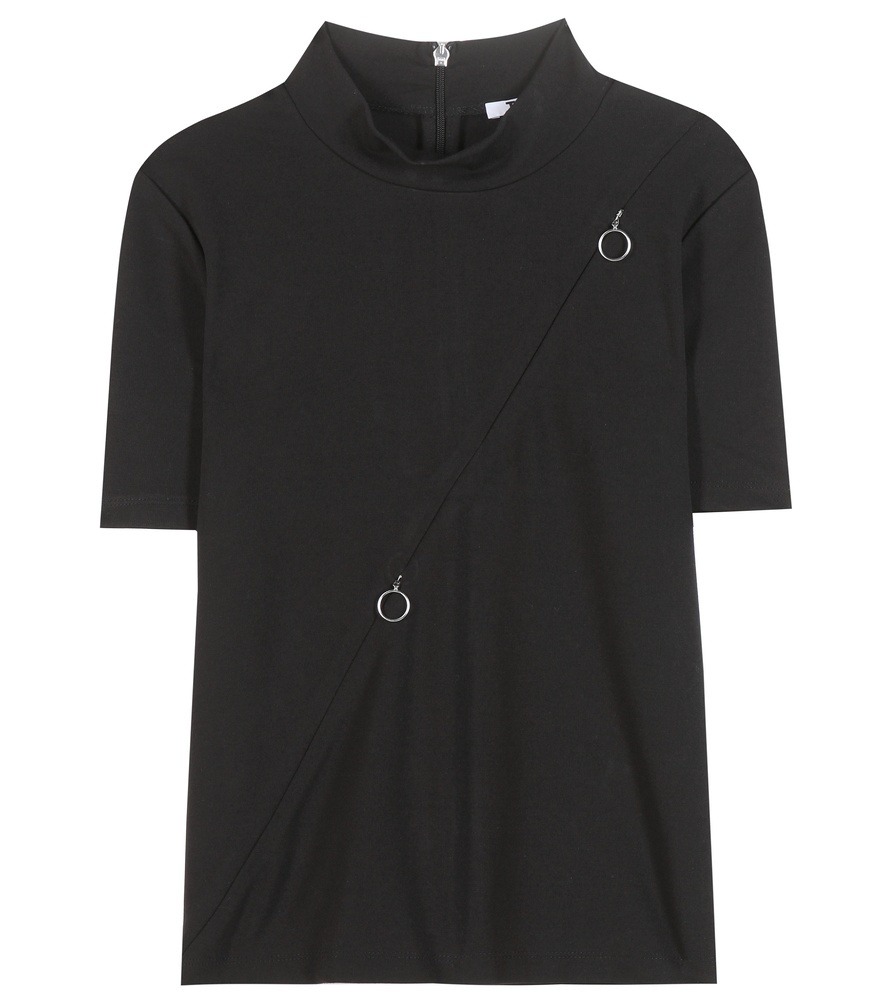 Embellished Top - pattern: plain; neckline: high neck; predominant colour: black; occasions: casual; length: standard; style: top; fibres: viscose/rayon - stretch; fit: straight cut; sleeve length: short sleeve; sleeve style: standard; pattern type: fabric; texture group: jersey - stretchy/drapey; embellishment: zips; season: a/w 2015