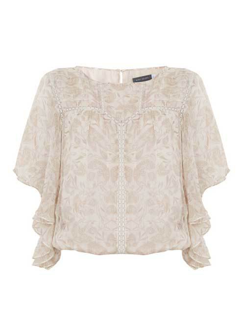 Alanis Print Blouson Top - sleeve style: angel/waterfall; style: blouson; secondary colour: ivory/cream; predominant colour: stone; occasions: casual; length: standard; fibres: silk - mix; fit: straight cut; neckline: crew; back detail: keyhole/peephole detail at back; sleeve length: short sleeve; texture group: sheer fabrics/chiffon/organza etc.; pattern type: fabric; pattern size: standard; pattern: patterned/print; season: a/w 2015