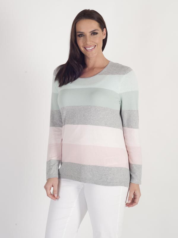 Gerry Weber Stripe Fine Knit Jumper - neckline: round neck; pattern: horizontal stripes; style: standard; secondary colour: blush; predominant colour: light grey; occasions: casual, creative work; length: standard; fibres: silk - mix; fit: standard fit; sleeve length: long sleeve; sleeve style: standard; texture group: knits/crochet; pattern type: knitted - fine stitch; pattern size: big & busy (top); multicoloured: multicoloured; season: a/w 2015