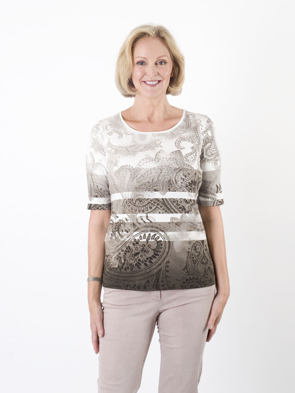 Gerry Weber Paisley Jersey Top - neckline: round neck; pattern: paisley; predominant colour: chocolate brown; occasions: casual, creative work; length: standard; style: top; fibres: cotton - 100%; fit: body skimming; sleeve length: short sleeve; sleeve style: standard; pattern type: knitted - fine stitch; pattern size: standard; texture group: jersey - stretchy/drapey; season: a/w 2015