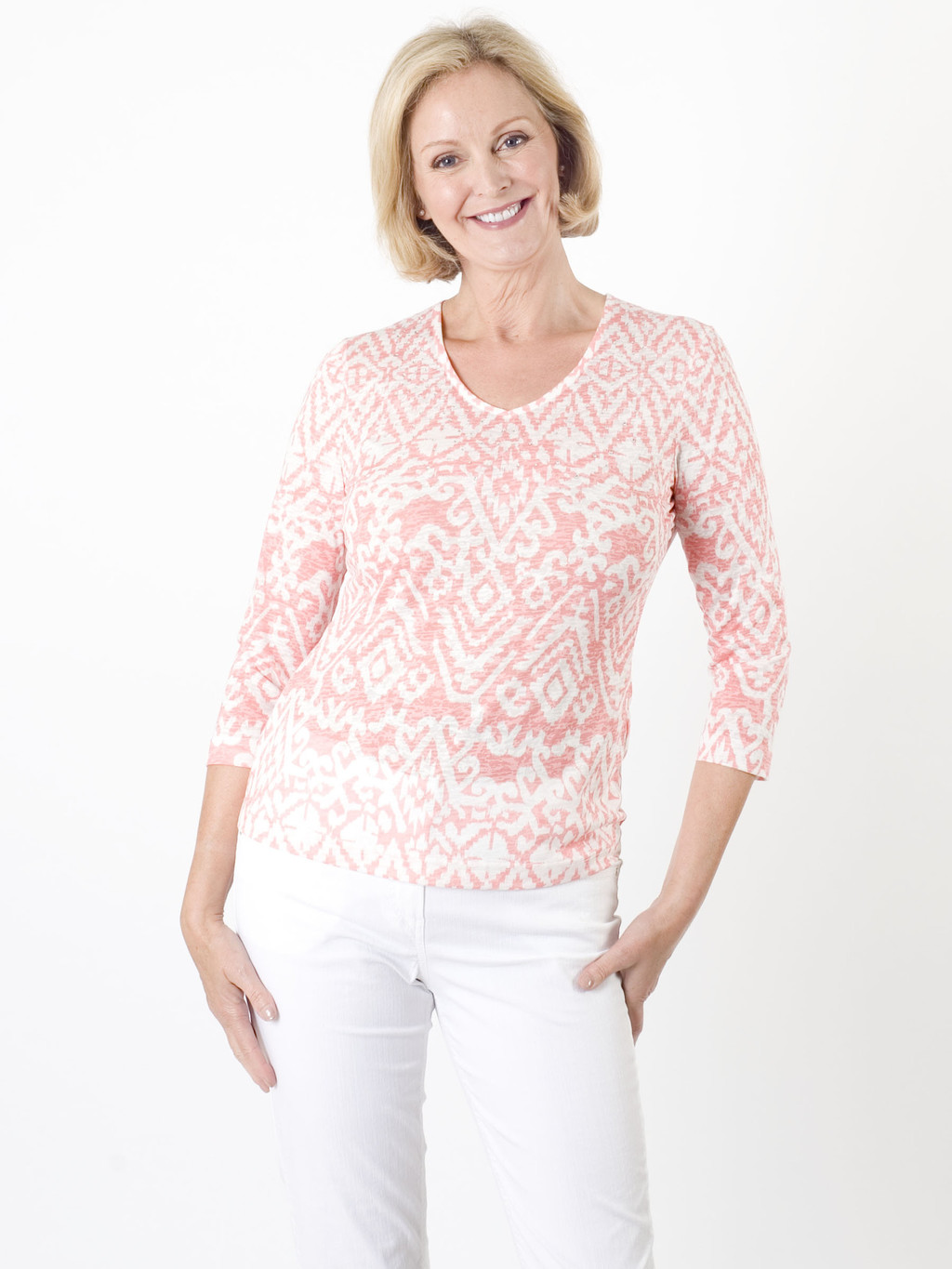 Gerry Weber Aztec Print Top - neckline: v-neck; predominant colour: pink; occasions: casual, creative work; length: standard; style: top; fibres: polyester/polyamide - mix; fit: body skimming; sleeve length: long sleeve; sleeve style: standard; texture group: knits/crochet; pattern type: fabric; pattern size: standard; pattern: patterned/print; season: a/w 2015