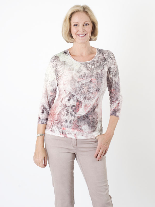 Gerry Weber Aztec Devoré Jersey Top - neckline: round neck; predominant colour: blush; occasions: casual, creative work; length: standard; style: top; fibres: polyester/polyamide - mix; fit: body skimming; sleeve length: long sleeve; sleeve style: standard; pattern type: fabric; pattern: patterned/print; texture group: jersey - stretchy/drapey; pattern size: big & busy (top); multicoloured: multicoloured; season: a/w 2015