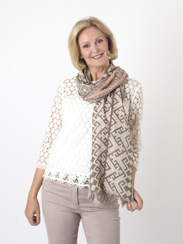 Gerry Weber Aztec Print Scarf - predominant colour: stone; occasions: casual; type of pattern: standard; style: regular; size: standard; material: fabric; pattern: patterned/print; season: a/w 2015