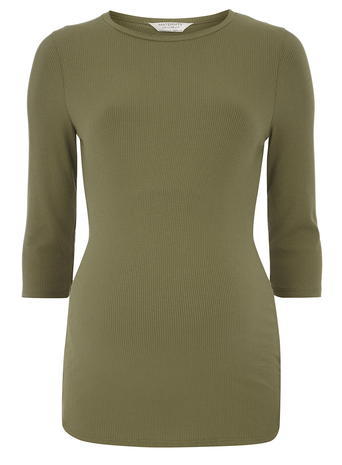 Womens **Maternity Khaki Longline Ribbed Top Khaki - pattern: plain; predominant colour: khaki; occasions: casual; length: standard; style: top; fibres: viscose/rayon - stretch; fit: body skimming; neckline: crew; sleeve length: 3/4 length; sleeve style: standard; pattern type: fabric; texture group: jersey - stretchy/drapey; season: a/w 2015