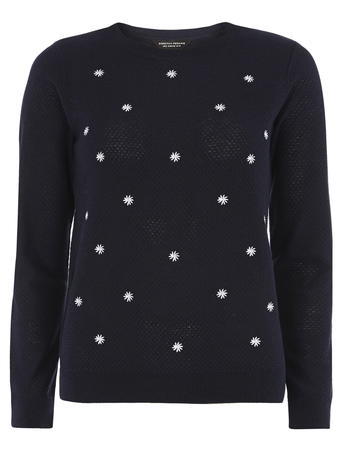 Womens Navy Embroidered Flower Jumper Blue - neckline: round neck; pattern: plain; style: standard; predominant colour: navy; occasions: casual; length: standard; fibres: polyester/polyamide - mix; fit: standard fit; sleeve length: long sleeve; sleeve style: standard; texture group: knits/crochet; pattern type: knitted - fine stitch; embellishment: embroidered; season: a/w 2015