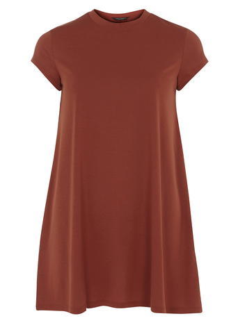 Womens Rust High Neck Swing Tunic Red - sleeve style: capped; pattern: plain; length: below the bottom; style: tunic; predominant colour: true red; occasions: casual, creative work; fibres: polyester/polyamide - stretch; fit: loose; neckline: crew; hip detail: soft pleats at hip/draping at hip/flared at hip; sleeve length: short sleeve; pattern type: fabric; texture group: other - light to midweight; season: a/w 2015