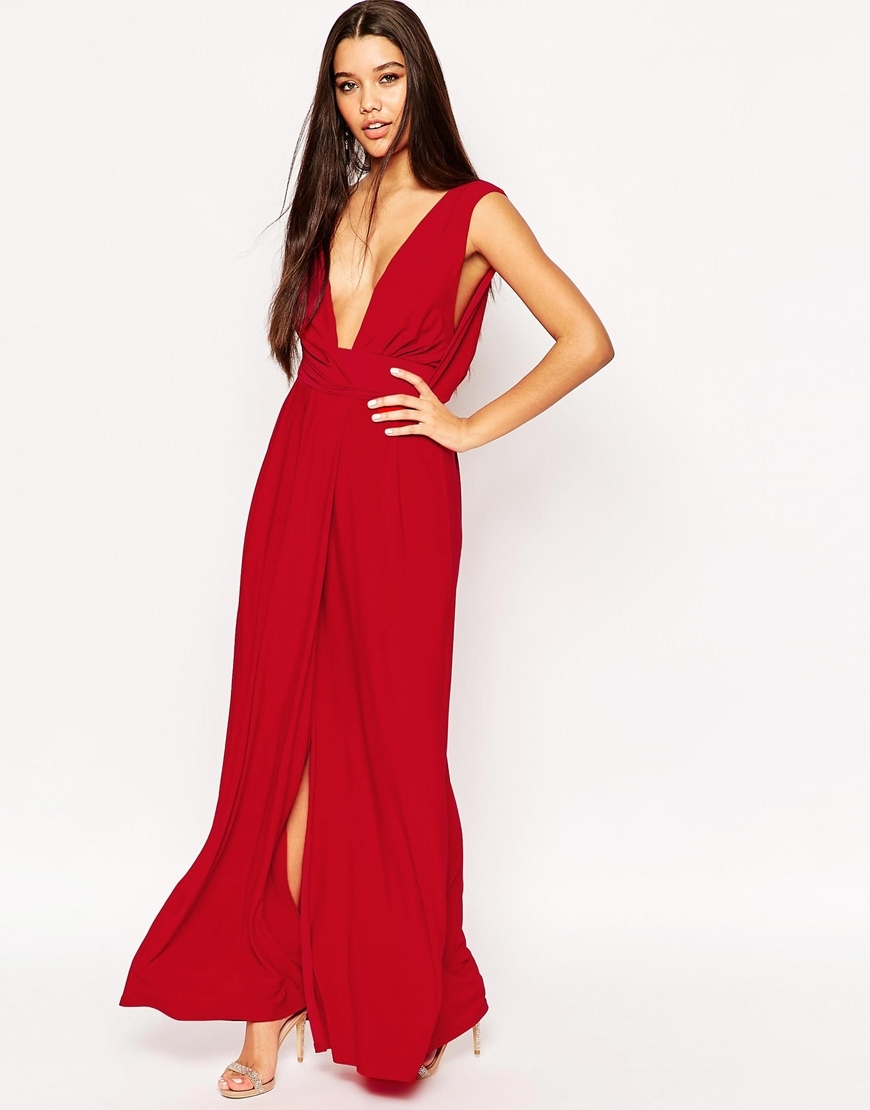 Drape V Neck Belted Maxi Dress Red - neckline: plunge; fit: empire; pattern: plain; sleeve style: sleeveless; style: maxi dress; length: ankle length; predominant colour: true red; occasions: evening; fibres: polyester/polyamide - 100%; hip detail: slits at hip; sleeve length: sleeveless; texture group: sheer fabrics/chiffon/organza etc.; pattern type: fabric; season: a/w 2015