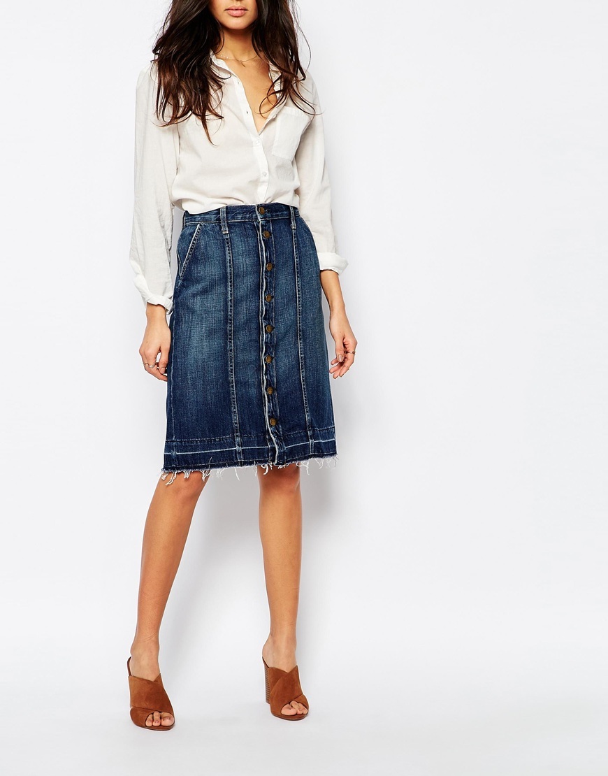 Current Elliott Button Up Denim Midi Skirt With Released Hem Blue - pattern: plain; fit: loose/voluminous; waist: high rise; predominant colour: denim; occasions: casual, creative work; length: on the knee; style: a-line; fibres: cotton - 100%; texture group: denim; pattern type: fabric; season: a/w 2015