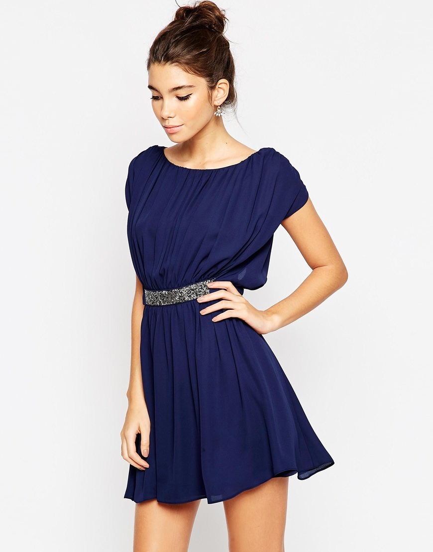Embellished Waist Mini Skater Dress Heather Blue - length: mini; neckline: slash/boat neckline; sleeve style: capped; fit: fitted at waist; pattern: plain; waist detail: embellishment at waist/feature waistband; predominant colour: royal blue; occasions: evening; style: fit & flare; fibres: polyester/polyamide - 100%; sleeve length: short sleeve; pattern type: fabric; texture group: other - light to midweight; embellishment: beading; season: a/w 2015
