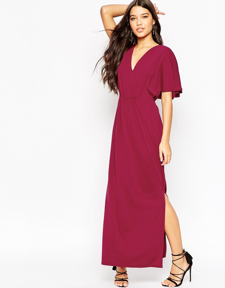 Crepe Kimono Maxi Dress Wine - neckline: low v-neck; pattern: plain; style: maxi dress; predominant colour: magenta; length: floor length; fit: body skimming; fibres: polyester/polyamide - 100%; occasions: occasion; hip detail: slits at hip; sleeve length: short sleeve; sleeve style: standard; pattern type: fabric; texture group: other - light to midweight; season: a/w 2015