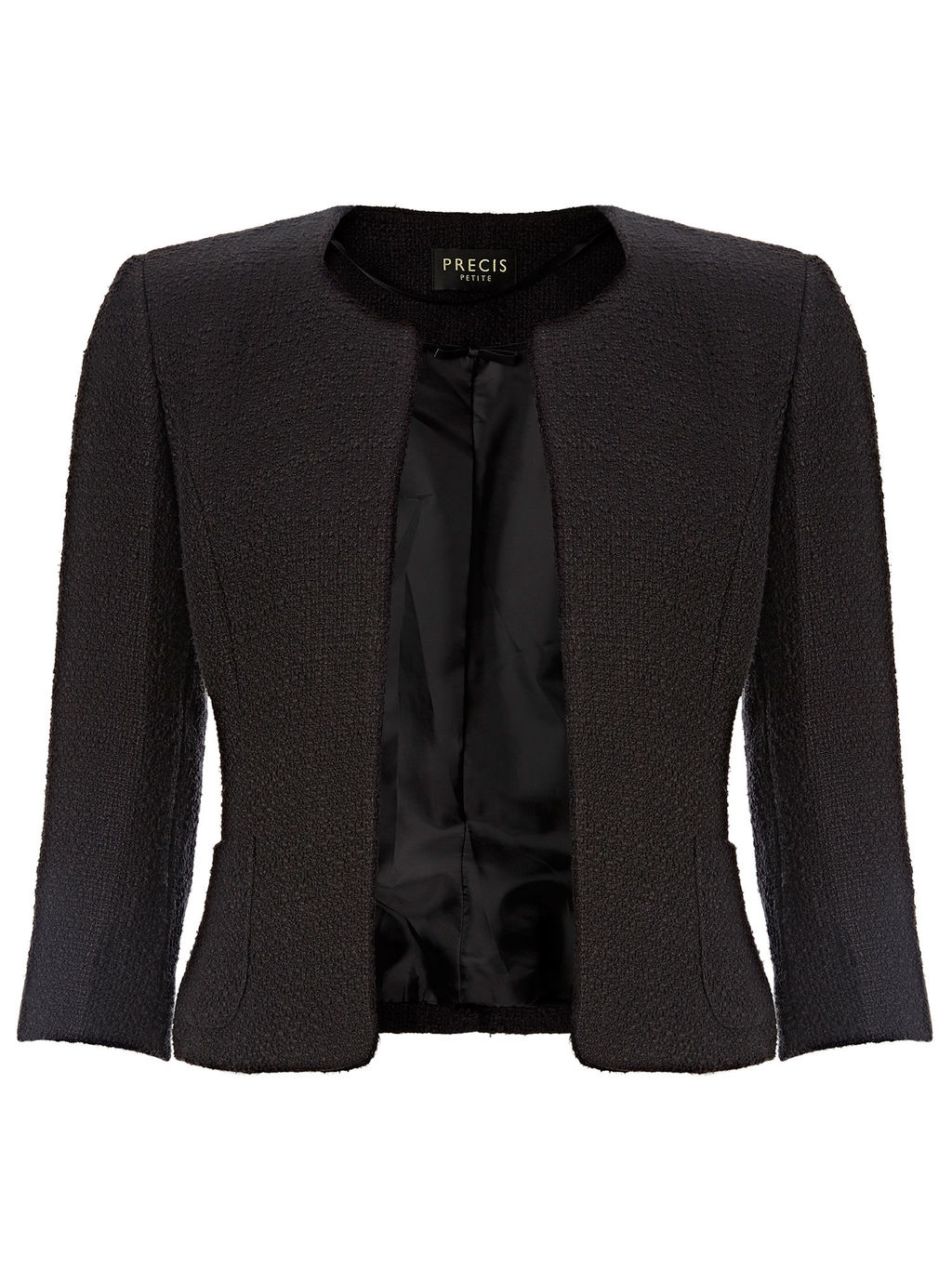 Textured Jacket - pattern: plain; style: single breasted blazer; collar: round collar/collarless; predominant colour: black; occasions: evening; length: standard; fit: tailored/fitted; fibres: cotton - mix; sleeve length: 3/4 length; sleeve style: standard; collar break: low/open; pattern type: fabric; texture group: woven light midweight; season: a/w 2015