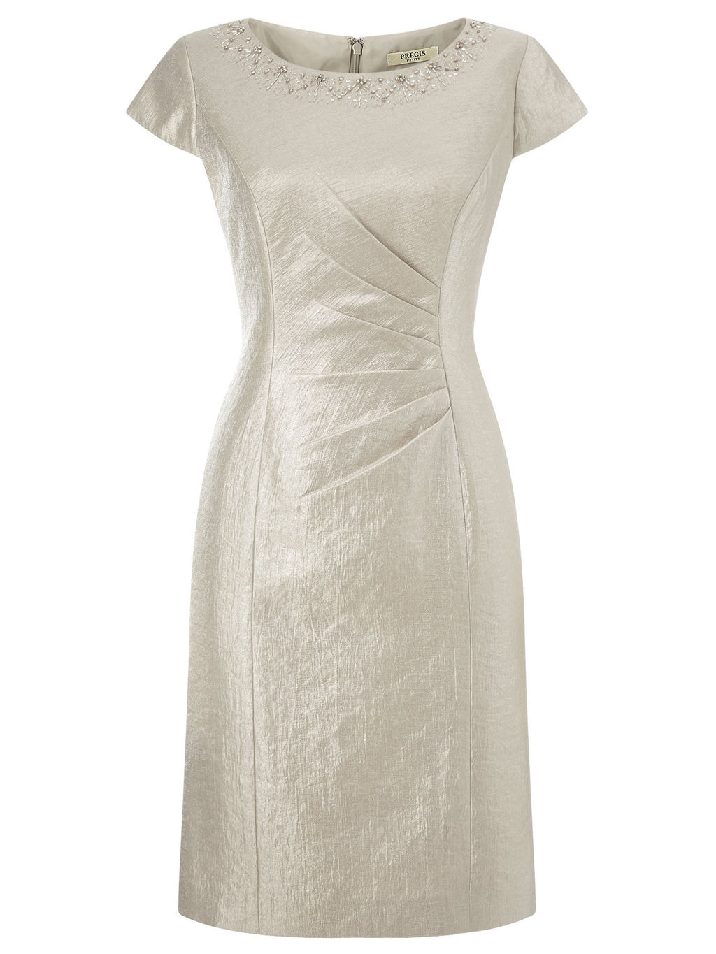 Embellished Shift Dress - style: shift; length: below the knee; neckline: round neck; fit: tailored/fitted; pattern: plain; predominant colour: stone; occasions: evening; fibres: polyester/polyamide - mix; sleeve length: short sleeve; sleeve style: standard; texture group: structured shiny - satin/tafetta/silk etc.; pattern type: fabric; embellishment: jewels/stone; season: a/w 2015