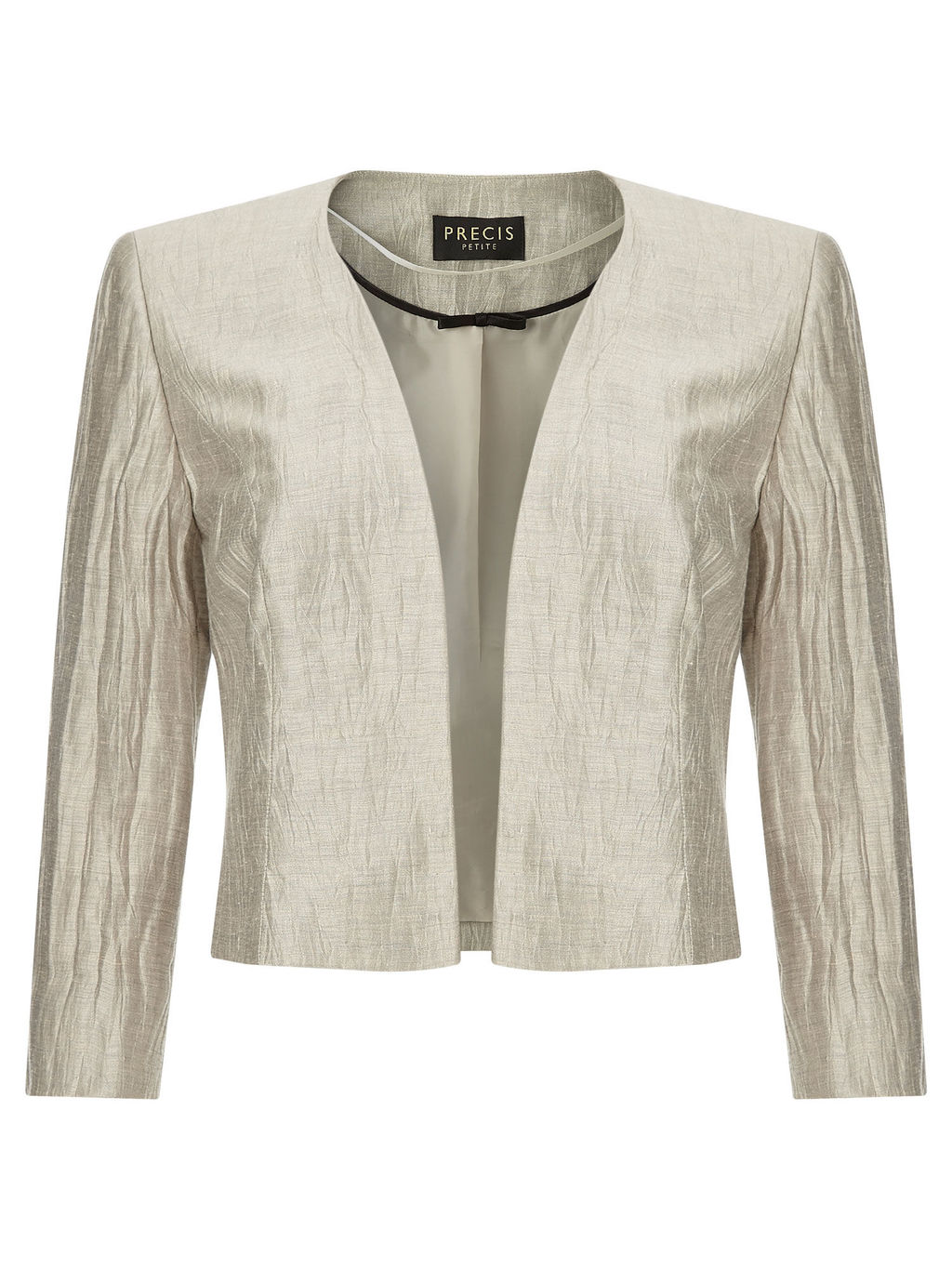 Edge To Edge Jacket Crinkle - pattern: plain; style: single breasted blazer; collar: round collar/collarless; predominant colour: champagne; occasions: evening; length: standard; fit: tailored/fitted; fibres: linen - mix; sleeve length: long sleeve; sleeve style: standard; collar break: low/open; pattern type: fabric; texture group: other - light to midweight; season: a/w 2015