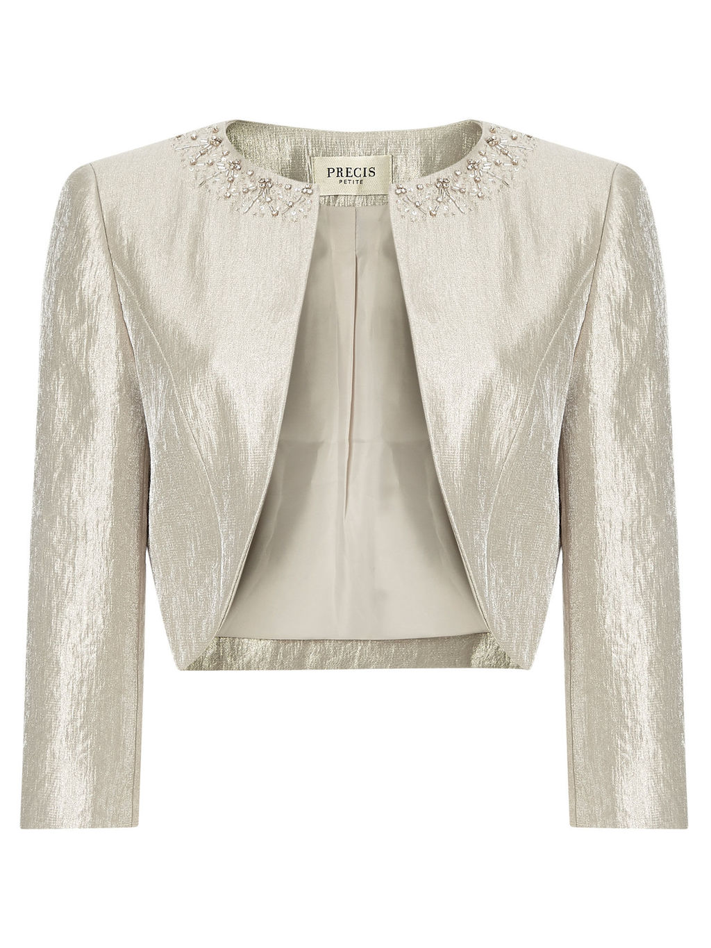 Oyster Embellished Bolero - pattern: plain; style: bolero/shrug; bust detail: added detail/embellishment at bust; collar: round collar/collarless; predominant colour: stone; length: standard; fit: tailored/fitted; fibres: polyester/polyamide - mix; occasions: occasion; sleeve length: 3/4 length; sleeve style: standard; collar break: high; pattern type: fabric; texture group: other - light to midweight; embellishment: beading; season: a/w 2015