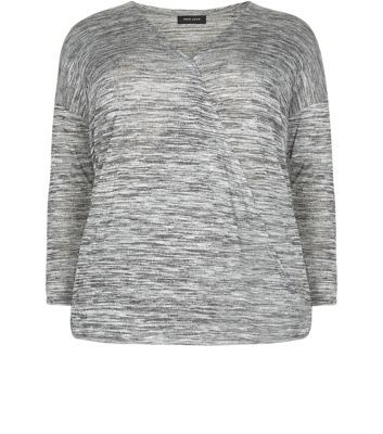 Curves Grey Fine Knit Wrap Front Top - neckline: v-neck; style: wrap/faux wrap; predominant colour: light grey; secondary colour: light grey; occasions: casual; length: standard; fibres: viscose/rayon - stretch; fit: body skimming; sleeve length: 3/4 length; sleeve style: standard; pattern type: fabric; texture group: jersey - stretchy/drapey; pattern: marl; season: a/w 2015