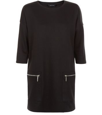 Black Zip Pocket Longline Tunic Top - pattern: plain; length: below the bottom; style: tunic; predominant colour: black; occasions: casual; fibres: polyester/polyamide - mix; fit: body skimming; neckline: crew; sleeve length: 3/4 length; sleeve style: standard; pattern type: fabric; texture group: jersey - stretchy/drapey; season: a/w 2015; wardrobe: basic