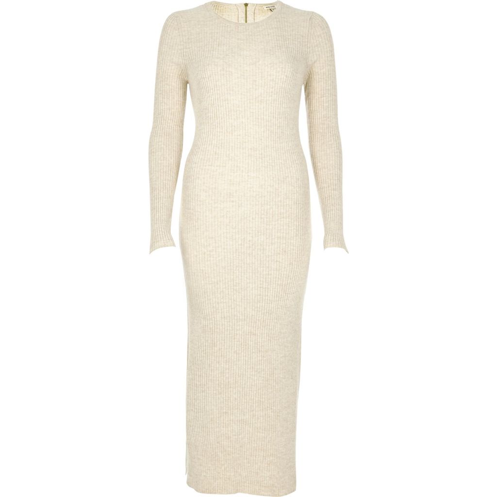 Womens Cream Knitted Bodycon Midi Dress - length: calf length; fit: tight; pattern: plain; style: bodycon; predominant colour: ivory/cream; occasions: evening; fibres: acrylic - 100%; neckline: crew; sleeve length: long sleeve; sleeve style: standard; texture group: jersey - clingy; pattern type: fabric; season: a/w 2015