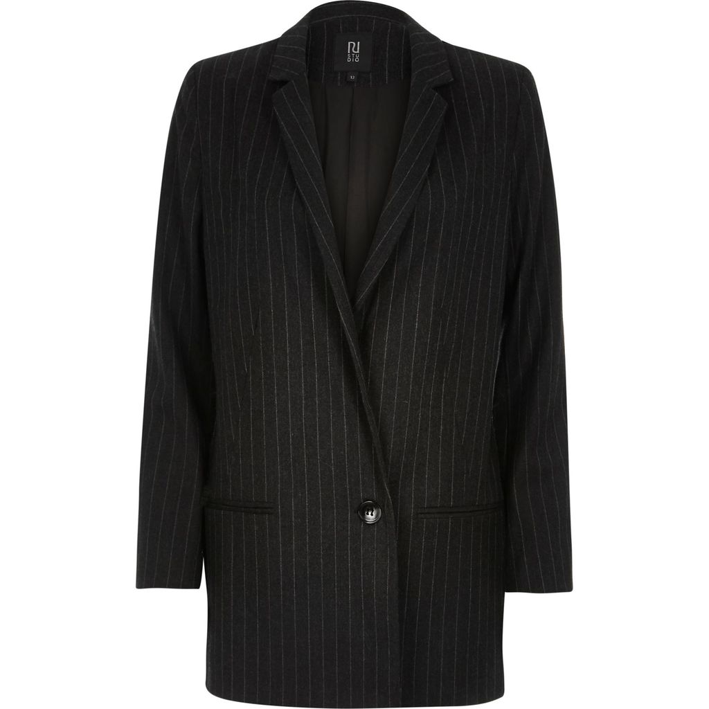 Womens Grey Ri Studio Wool Blend Pin Stripe Blazer - style: double breasted blazer; length: below the bottom; pattern: polka dot; collar: standard lapel/rever collar; predominant colour: black; occasions: evening, creative work; fit: straight cut (boxy); fibres: wool - stretch; sleeve length: long sleeve; sleeve style: standard; collar break: medium; pattern type: fabric; pattern size: standard; texture group: woven light midweight; season: a/w 2015