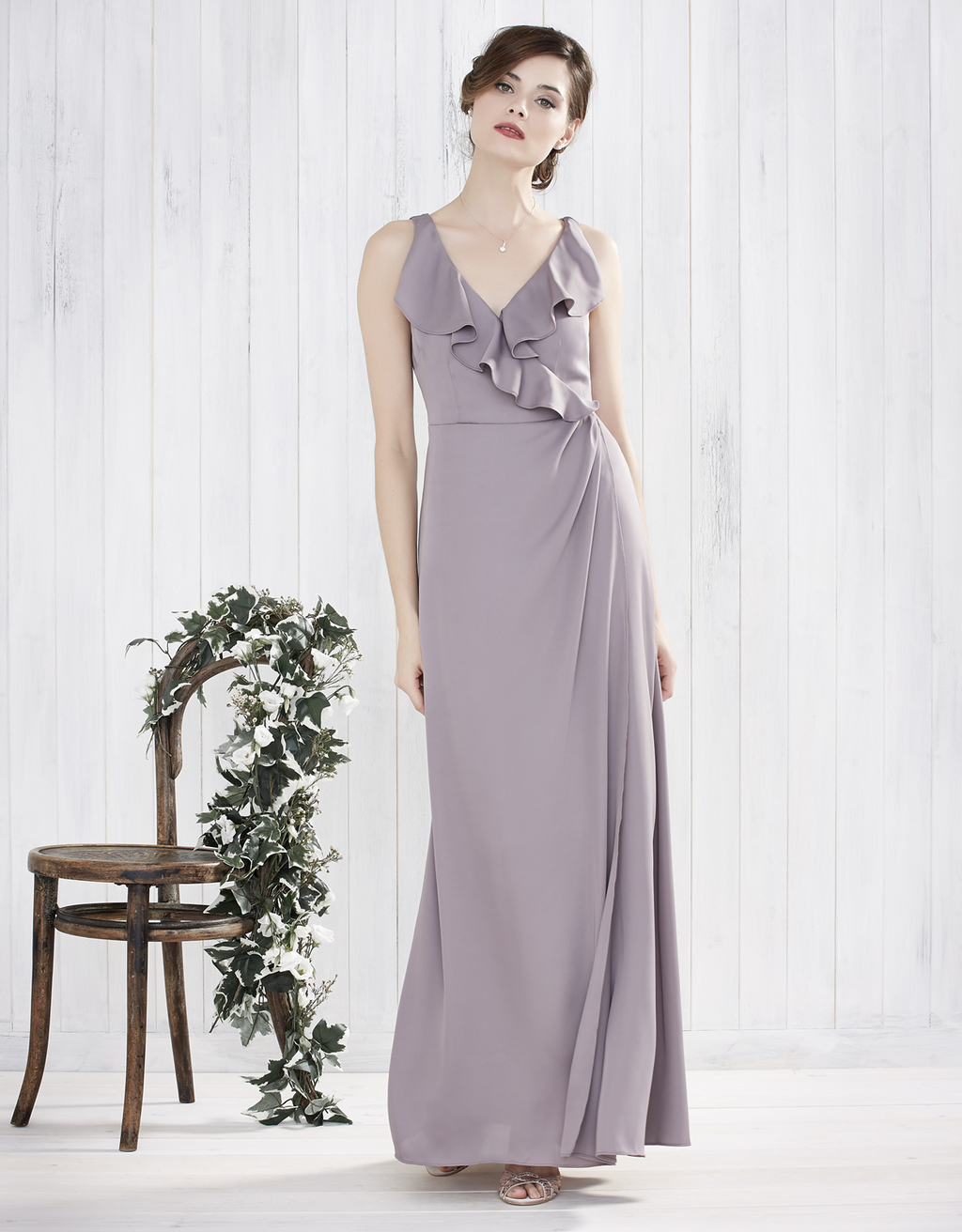 Fern Frill Maxi Dress - neckline: v-neck; pattern: plain; sleeve style: sleeveless; style: maxi dress; predominant colour: lilac; length: floor length; fit: body skimming; fibres: polyester/polyamide - 100%; occasions: occasion; sleeve length: sleeveless; bust detail: tiers/frills/bulky drapes/pleats; pattern type: fabric; texture group: jersey - stretchy/drapey; season: a/w 2015