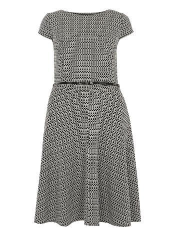 Womens **Billie & Blossom Curve Black Jacquard Skater Dress Black - length: mid thigh; waist detail: belted waist/tie at waist/drawstring; predominant colour: mid grey; fit: fitted at waist & bust; style: fit & flare; fibres: polyester/polyamide - stretch; neckline: crew; sleeve length: short sleeve; sleeve style: standard; pattern type: fabric; pattern size: standard; pattern: patterned/print; texture group: brocade/jacquard; occasions: creative work; season: a/w 2015