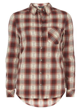 Womens Checked Roll Sleeve Shirt Orange - neckline: shirt collar/peter pan/zip with opening; pattern: checked/gingham; style: shirt; predominant colour: true red; occasions: casual, creative work; length: standard; fibres: cotton - 100%; fit: body skimming; back detail: longer hem at back than at front; sleeve length: long sleeve; sleeve style: standard; texture group: cotton feel fabrics; pattern type: fabric; pattern size: big & busy (top); multicoloured: multicoloured; season: a/w 2015