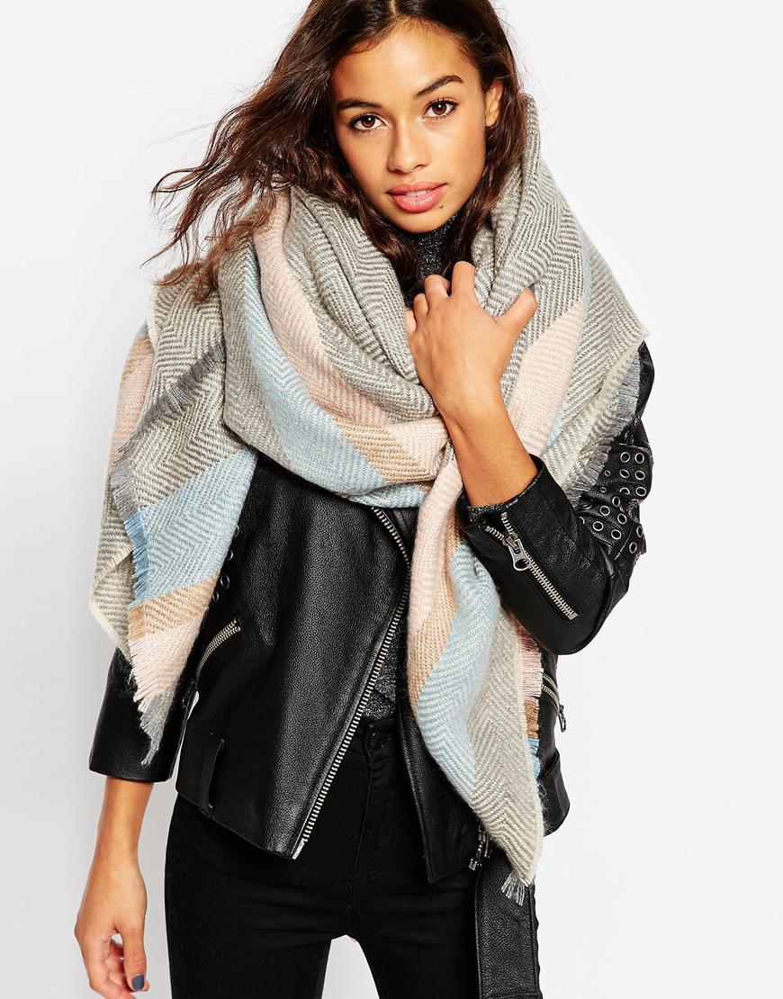 Woven Oversized Scarf In Pastel Herringbone Stripe Pastel - secondary colour: pale blue; predominant colour: light grey; occasions: casual, creative work; type of pattern: light; style: wrap; size: large; material: fabric; pattern: colourblock; season: a/w 2015