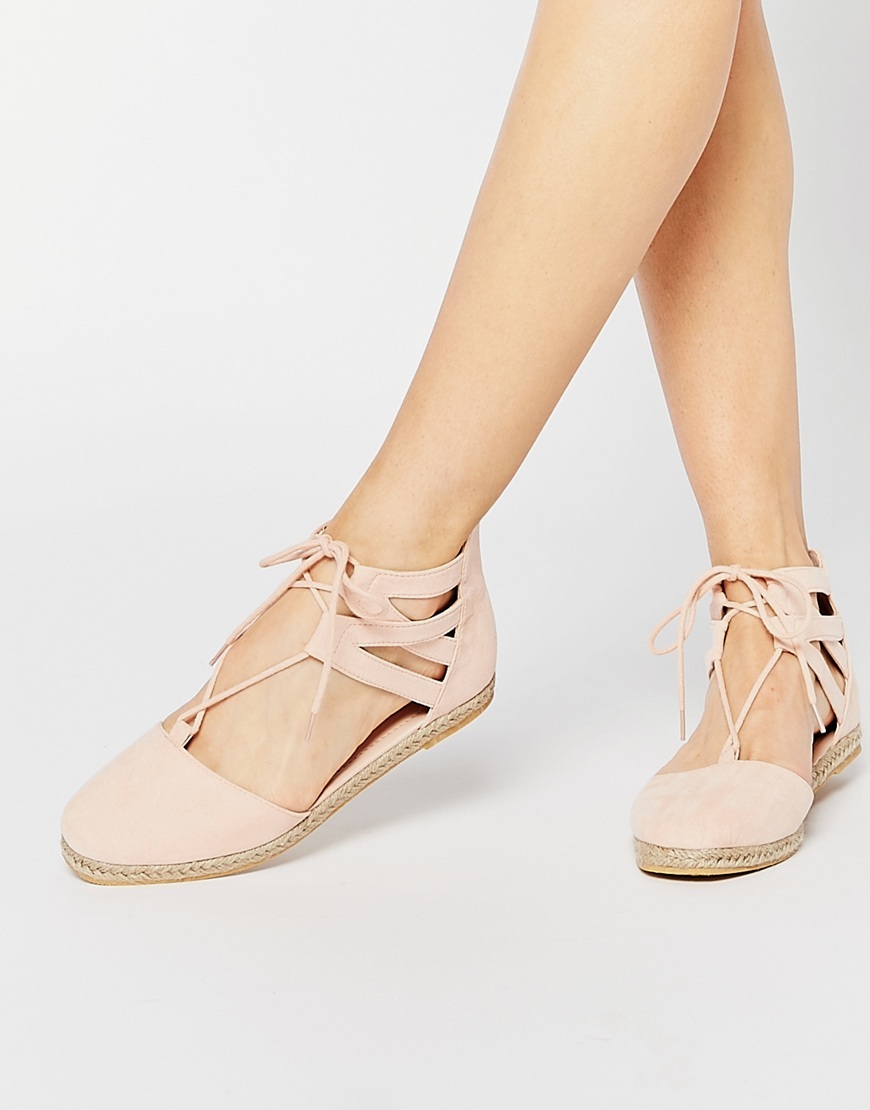 Jessica Lace Up Espadrilles Pastel Pink - predominant colour: blush; occasions: casual, holiday, creative work; material: fabric; heel height: flat; ankle detail: ankle tie; toe: round toe; finish: plain; pattern: plain; style: espadrilles; season: a/w 2015