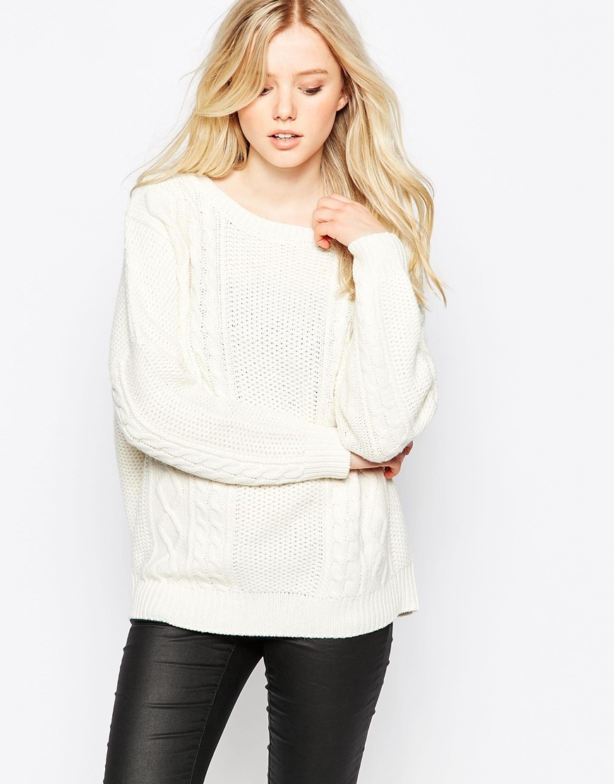 Cable Knit Jumper Pristine - neckline: round neck; style: standard; pattern: cable knit; predominant colour: ivory/cream; occasions: casual, creative work; length: standard; fibres: acrylic - mix; fit: standard fit; sleeve length: long sleeve; sleeve style: standard; texture group: knits/crochet; pattern type: knitted - fine stitch; pattern size: light/subtle; season: a/w 2015
