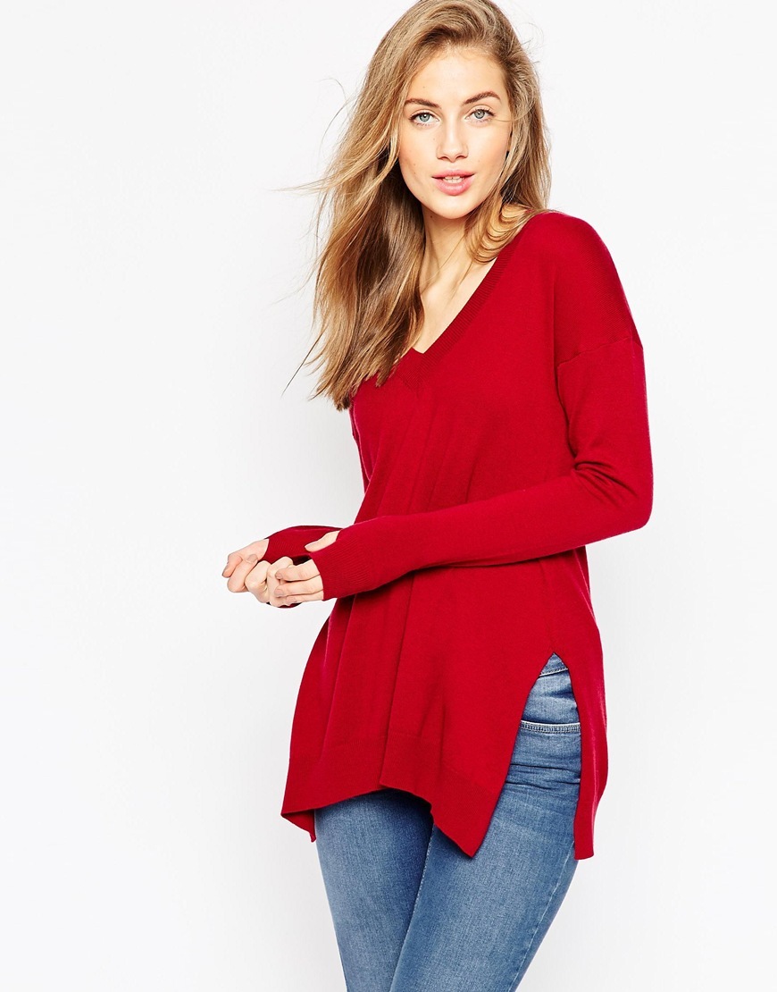 Jumper With Deep V Dark Red - neckline: low v-neck; pattern: plain; length: below the bottom; style: standard; predominant colour: true red; occasions: casual, creative work; fibres: cotton - mix; fit: standard fit; sleeve length: long sleeve; sleeve style: standard; texture group: knits/crochet; pattern type: knitted - fine stitch; season: a/w 2015