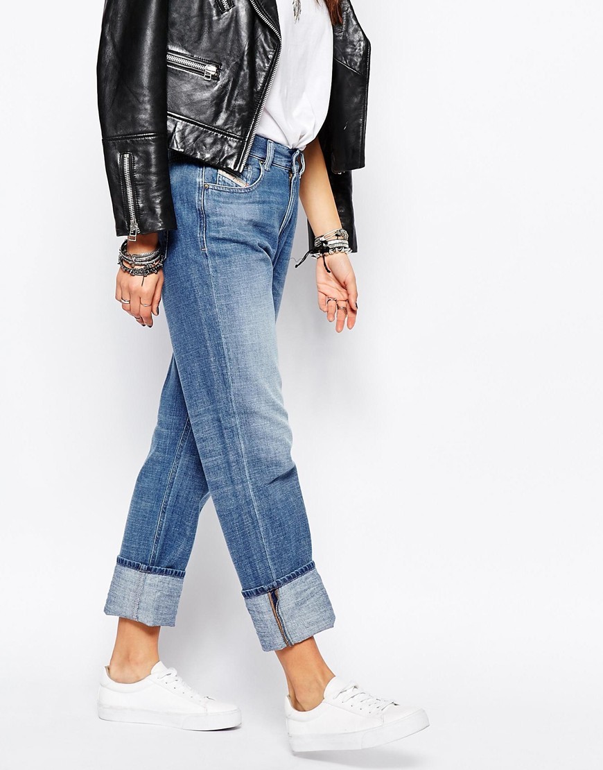 Kameron Slim Fit Boyfriend Jeans Blue - pattern: plain; pocket detail: traditional 5 pocket; style: slim leg; waist: mid/regular rise; predominant colour: royal blue; occasions: casual; length: ankle length; fibres: cotton - stretch; jeans detail: shading down centre of thigh; jeans & bottoms detail: turn ups; texture group: denim; pattern type: fabric; season: a/w 2015