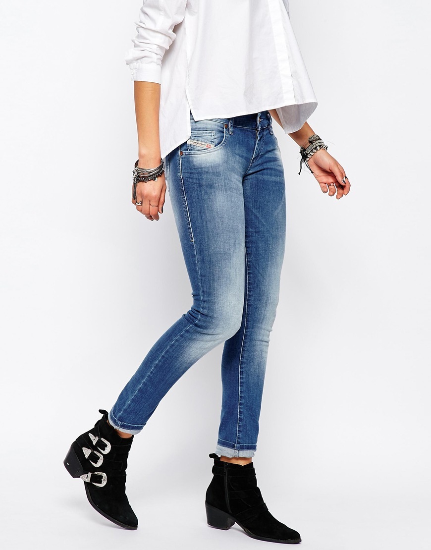 Grupee Skinny Jeans Blue - style: skinny leg; length: standard; pattern: plain; pocket detail: traditional 5 pocket; waist: mid/regular rise; predominant colour: denim; occasions: casual; fibres: cotton - stretch; jeans detail: shading down centre of thigh; texture group: denim; pattern type: fabric; season: a/w 2015