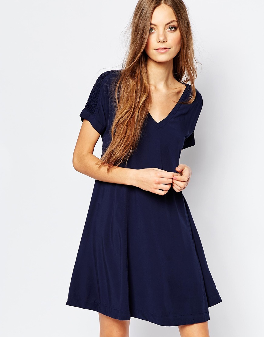 Swing Dress Blue - neckline: v-neck; pattern: plain; predominant colour: navy; occasions: evening; length: just above the knee; fit: fitted at waist & bust; style: fit & flare; fibres: viscose/rayon - 100%; sleeve length: short sleeve; sleeve style: standard; pattern type: fabric; texture group: jersey - stretchy/drapey; season: a/w 2015
