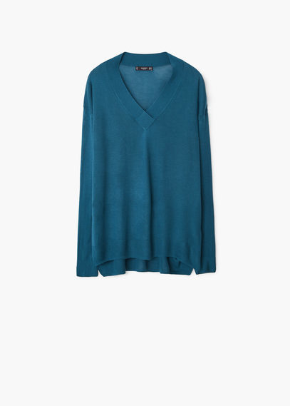 V Neck Sweater - neckline: low v-neck; sleeve style: dolman/batwing; pattern: plain; length: below the bottom; style: standard; predominant colour: teal; occasions: casual, creative work; fibres: cotton - mix; fit: loose; sleeve length: long sleeve; texture group: knits/crochet; pattern type: knitted - fine stitch; season: a/w 2015