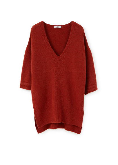 Textured Sweater - neckline: v-neck; pattern: plain; length: below the bottom; style: standard; predominant colour: true red; occasions: casual, creative work; fibres: acrylic - mix; fit: standard fit; sleeve length: 3/4 length; sleeve style: standard; texture group: knits/crochet; pattern type: knitted - other; season: a/w 2015