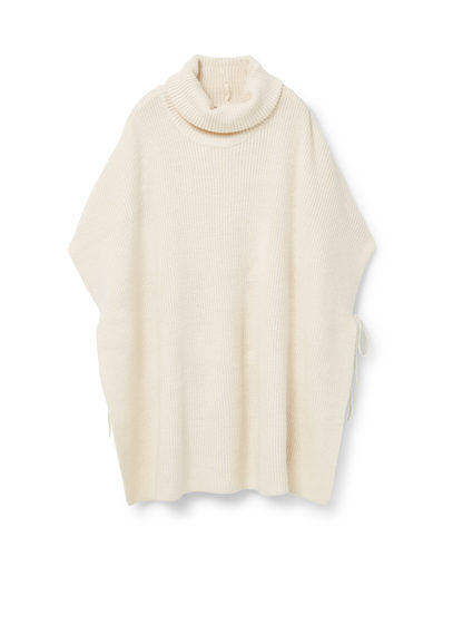 Side Cords Cape - pattern: plain; collar: funnel; fit: loose; style: cape; length: mid thigh; predominant colour: ivory/cream; occasions: casual, creative work; fibres: acrylic - mix; sleeve length: half sleeve; sleeve style: standard; texture group: knits/crochet; collar break: high; pattern type: knitted - fine stitch; season: a/w 2015