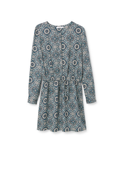 Printed Dress - style: shift; length: mini; waist detail: belted waist/tie at waist/drawstring; secondary colour: pale blue; predominant colour: dark green; occasions: casual; fit: body skimming; fibres: viscose/rayon - 100%; neckline: crew; sleeve length: long sleeve; sleeve style: standard; pattern type: fabric; pattern: patterned/print; texture group: other - light to midweight; season: a/w 2015