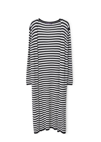 Striped Ribbed Cardigan - pattern: horizontal stripes; neckline: collarless open; style: open front; length: below the knee; secondary colour: white; predominant colour: black; occasions: casual, creative work; fit: standard fit; sleeve length: 3/4 length; sleeve style: standard; trends: monochrome; pattern type: knitted - fine stitch; pattern size: standard; texture group: jersey - stretchy/drapey; fibres: viscose/rayon - mix; season: a/w 2015