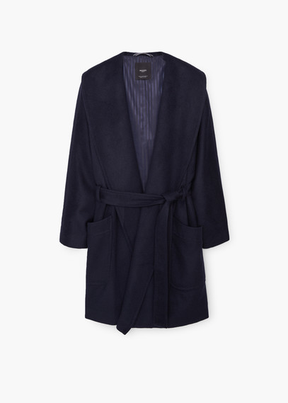 Belt Wool Coat - pattern: plain; collar: shawl/waterfall; style: single breasted; length: mid thigh; predominant colour: navy; occasions: casual, creative work; fit: tailored/fitted; fibres: wool - mix; waist detail: belted waist/tie at waist/drawstring; sleeve length: long sleeve; sleeve style: standard; collar break: low/open; pattern type: fabric; texture group: woven bulky/heavy; season: a/w 2015