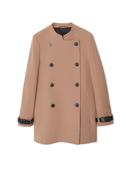 Double Breasted Coat - pattern: plain; collar: round collar/collarless; fit: loose; style: double breasted; length: mid thigh; predominant colour: camel; occasions: casual, creative work; fibres: polyester/polyamide - stretch; sleeve length: long sleeve; sleeve style: standard; collar break: high/illusion of break when open; pattern type: fabric; texture group: woven bulky/heavy; season: a/w 2015